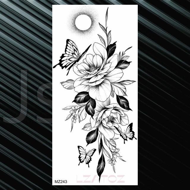 Women's Fashion Flower Temporary Tattoos Sticker Fake Rose Waterproof Large Realistic Black Colorful Flowers Tattoos