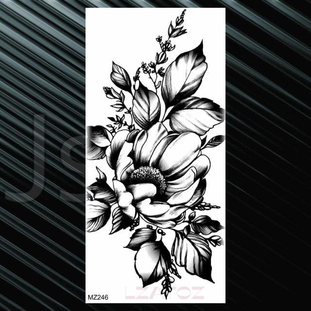 Women's Fashion Flower Temporary Tattoos Sticker Fake Rose Waterproof Large Realistic Black Colorful Flowers Tattoos