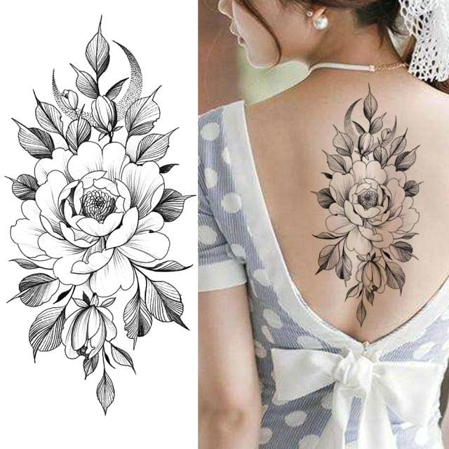 Women's Fashion Flower Temporary Tattoos Sticker Fake Rose Waterproof Large Realistic Black Colorful Flowers Tattoos