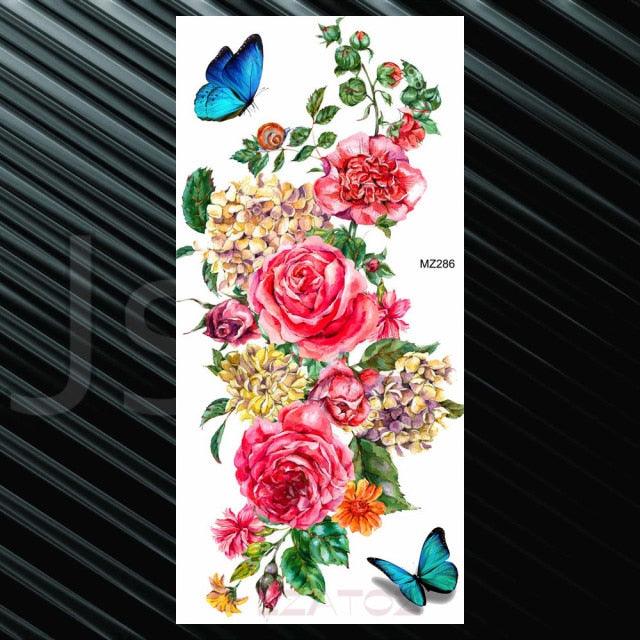 Women's Fashion Flower Temporary Tattoos Sticker Fake Rose Waterproof Large Realistic Black Colorful Flowers Tattoos