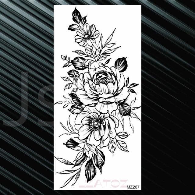 Women's Fashion Flower Temporary Tattoos Sticker Fake Rose Waterproof Large Realistic Black Colorful Flowers Tattoos