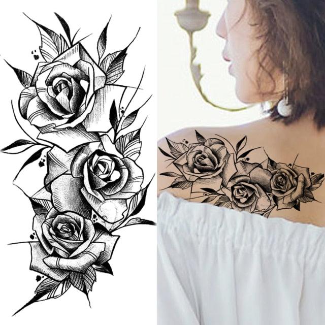 Women's Fashion Flower Temporary Tattoos Sticker Fake Rose Waterproof Large Realistic Black Colorful Flowers Tattoos
