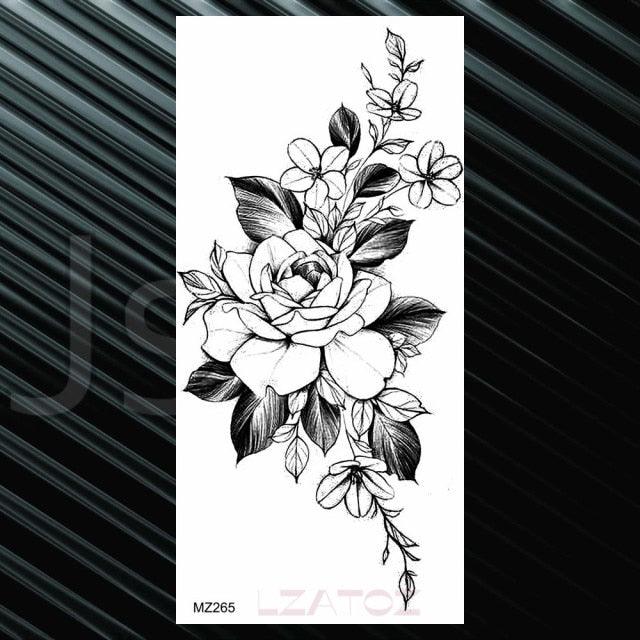 Women's Fashion Flower Temporary Tattoos Sticker Fake Rose Waterproof Large Realistic Black Colorful Flowers Tattoos
