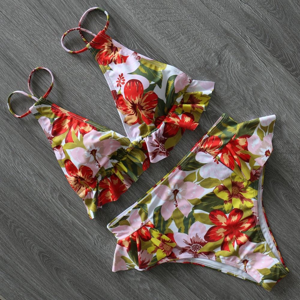 Women Summer High Waist Ruffle Bikini Set Swimwear Women Lady Floral Female Push Up Swimsuit Summer Beach Wear Bikini Pure Color Bikini Charming Ruffled Bra And Bottom Swimsuits