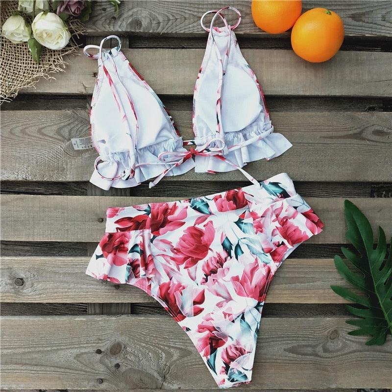 Women Summer High Waist Ruffle Bikini Set Swimwear Women Lady Floral Female Push Up Swimsuit Summer Beach Wear Bikini Pure Color Bikini Charming Ruffled Bra And Bottom Swimsuits