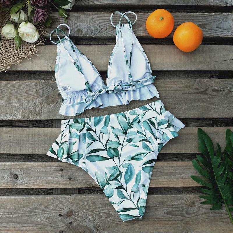 Women Summer High Waist Ruffle Bikini Set Swimwear Women Lady Floral Female Push Up Swimsuit Summer Beach Wear Bikini Pure Color Bikini Charming Ruffled Bra And Bottom Swimsuits