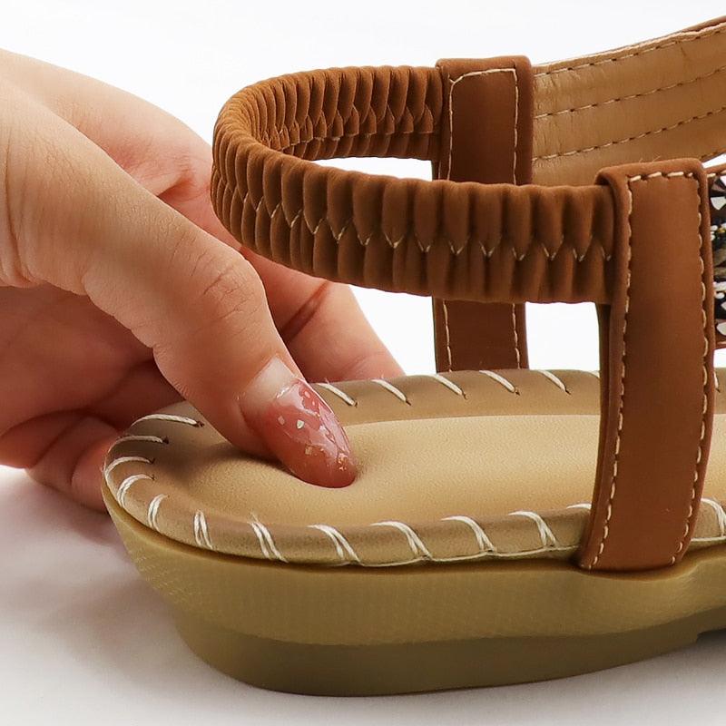 Women Summer Vintage Shoes Sandals Butterfly-knot Rhinestone Slides Elastic Band Sandal Comfort Flats Sandals With Elastic Ankle Strap Casual Rhinestone Shoes Beach Slip On Sandals