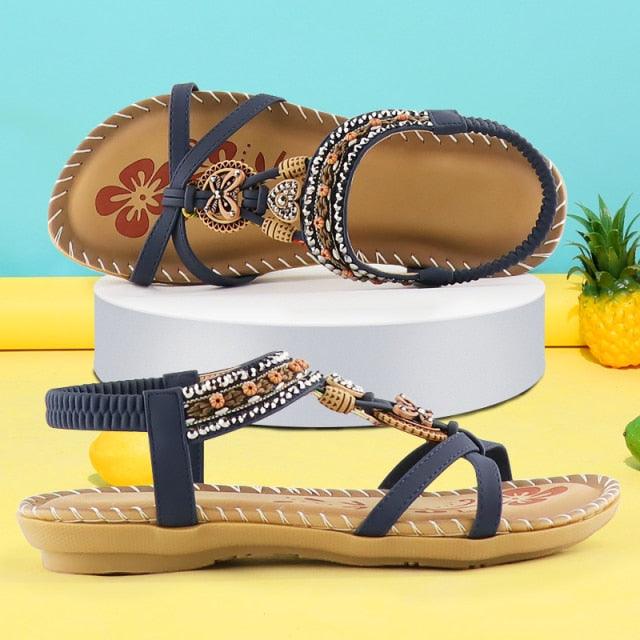 Women Summer Vintage Shoes Sandals Butterfly-knot Rhinestone Slides Elastic Band Sandal Comfort Flats Sandals With Elastic Ankle Strap Casual Rhinestone Shoes Beach Slip On Sandals