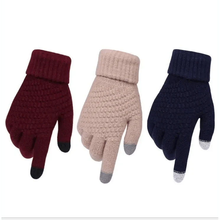 Women Winter Modern Touchscreen Gloves Thicken Warm Knitted Stretch One Size Gloves Full Finger Outdoor Skiing Gloves