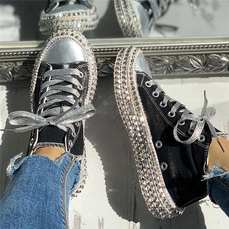 Womens Leopard Sneakers Women Canvas Shoes Leisure Lace-Up Sneakers Rhinestone Shiny Flat Charming Shoes Platform Leisure Low Sneakers