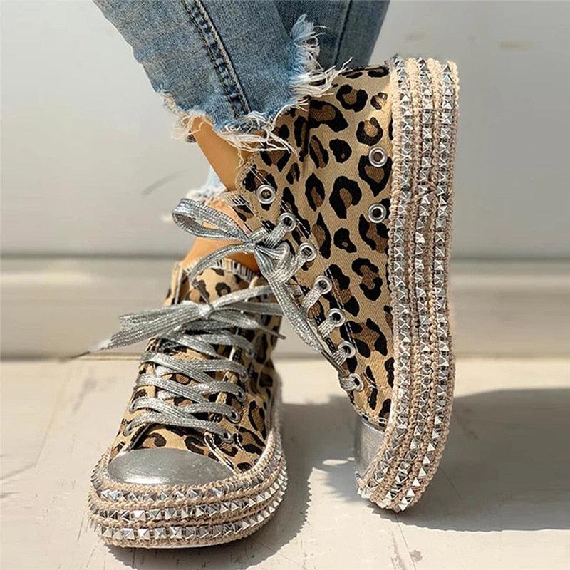 Womens Leopard Sneakers Women Canvas Shoes Leisure Lace-Up Sneakers Rhinestone Shiny Flat Charming Shoes Platform Leisure Low Sneakers