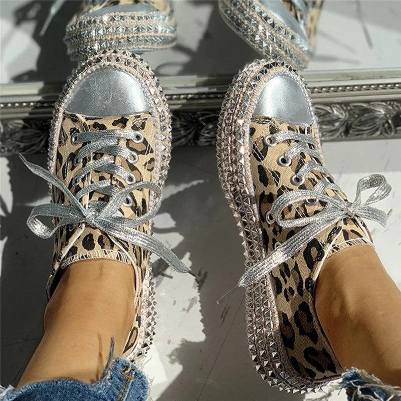 Womens Leopard Sneakers Women Canvas Shoes Leisure Lace-Up Sneakers Rhinestone Shiny Flat Charming Shoes Platform Leisure Low Sneakers