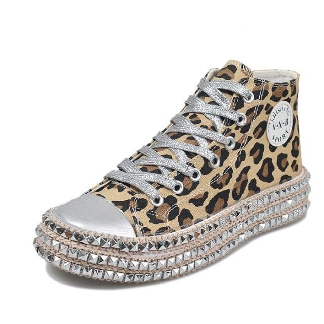 Womens Leopard Sneakers Women Canvas Shoes Leisure Lace-Up Sneakers Rhinestone Shiny Flat Charming Shoes Platform Leisure Low Sneakers