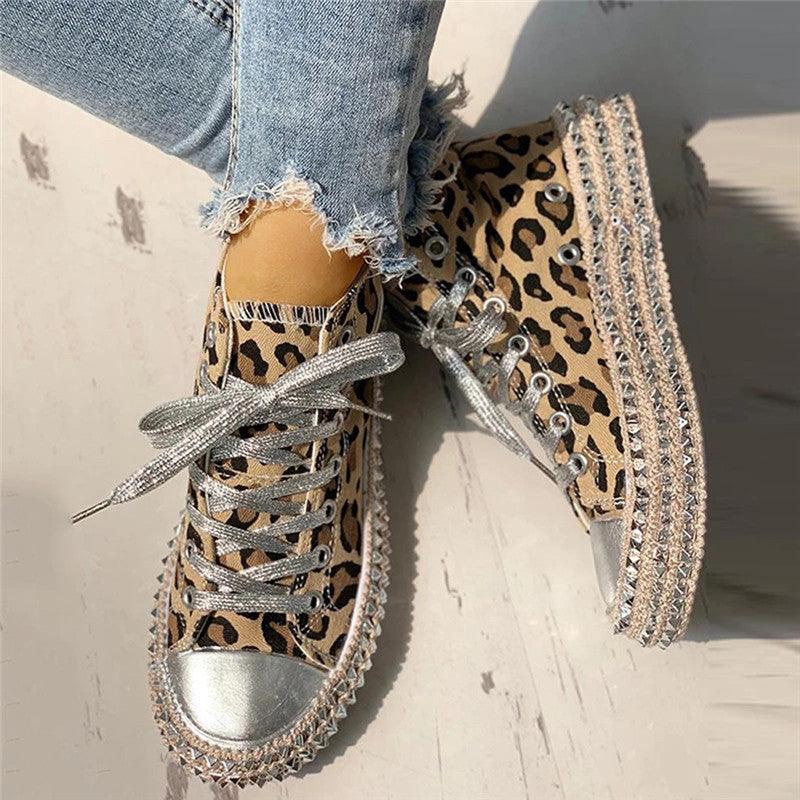 Womens Leopard Sneakers Women Canvas Shoes Leisure Lace-Up Sneakers Rhinestone Shiny Flat Charming Shoes Platform Leisure Low Sneakers