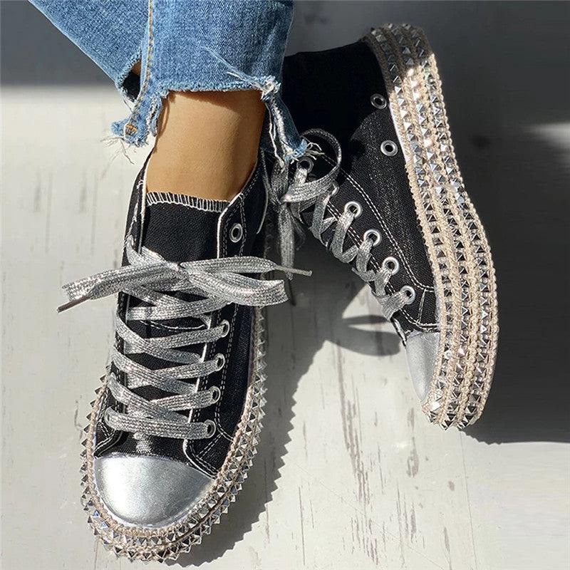 Womens Leopard Sneakers Women Canvas Shoes Leisure Lace-Up Sneakers Rhinestone Shiny Flat Charming Shoes Platform Leisure Low Sneakers