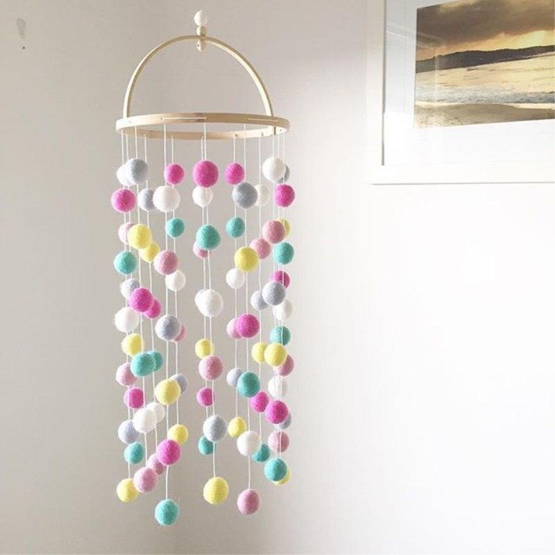 Wooden Ring With Felt Balls Wind Chimes Newborn Baby Bed Bell Pendant Kids Room Decoration Wooden Wind Chime Bed Bell Nursery Mobile Crib Bed Bell Wall Hanging Ornament